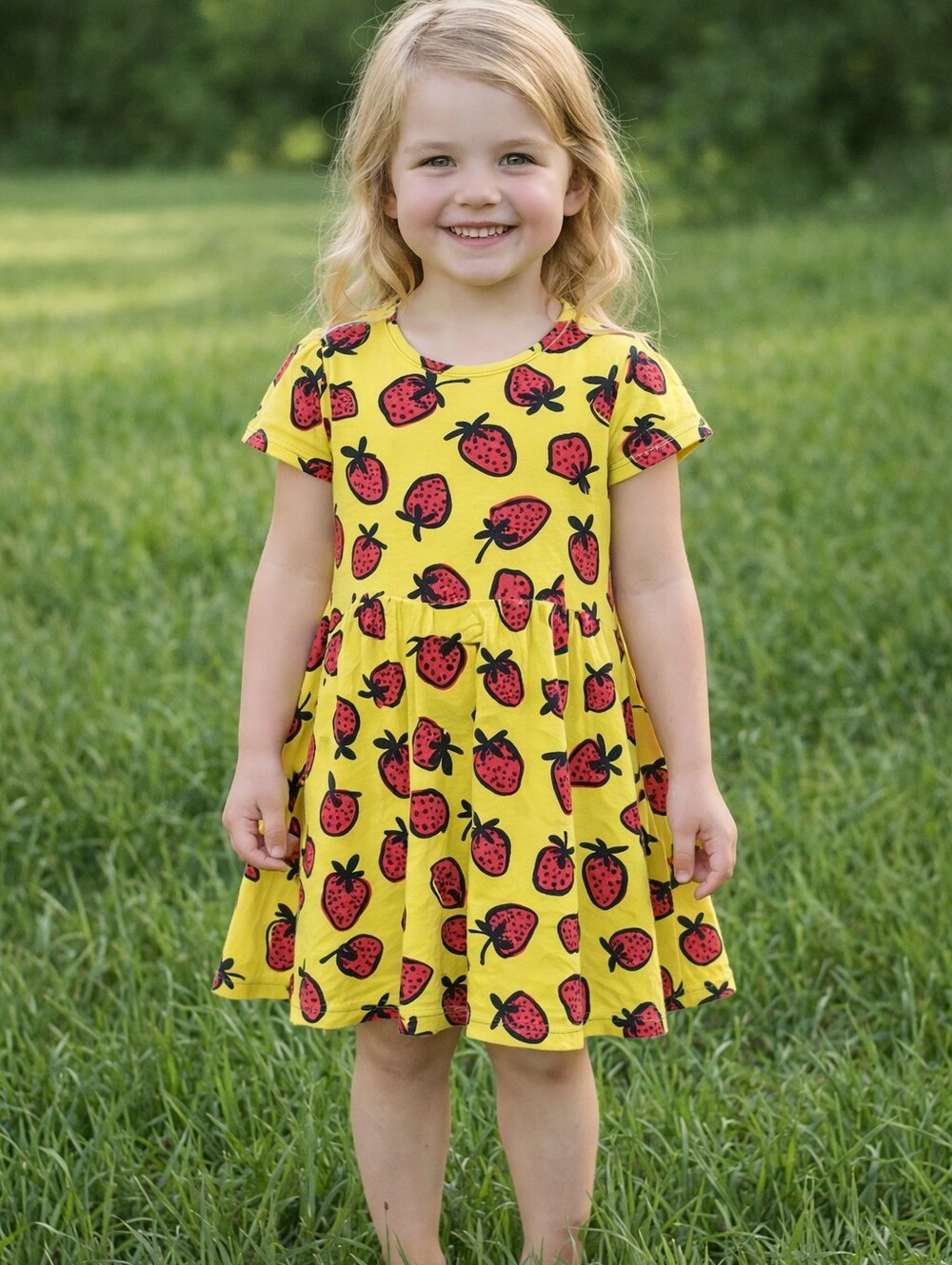 Hanna Andersson Strawberry Twirly Dress Size 6–7 Yellow & Red
